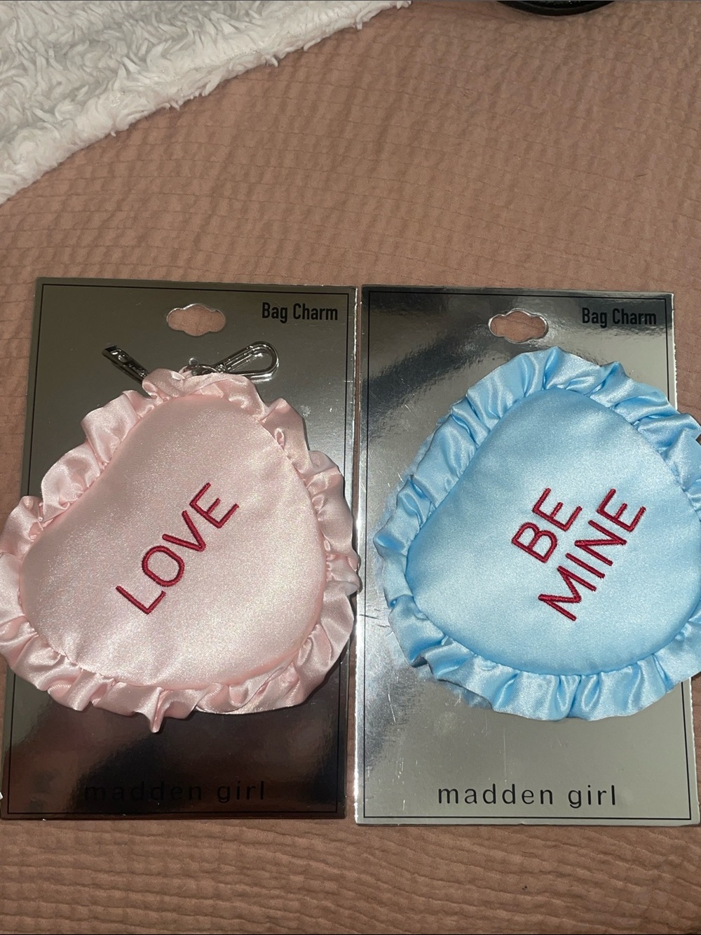 Madden Girl Pink & Blue Satin Heart Bag Charms 

LOVE 
BE MINE